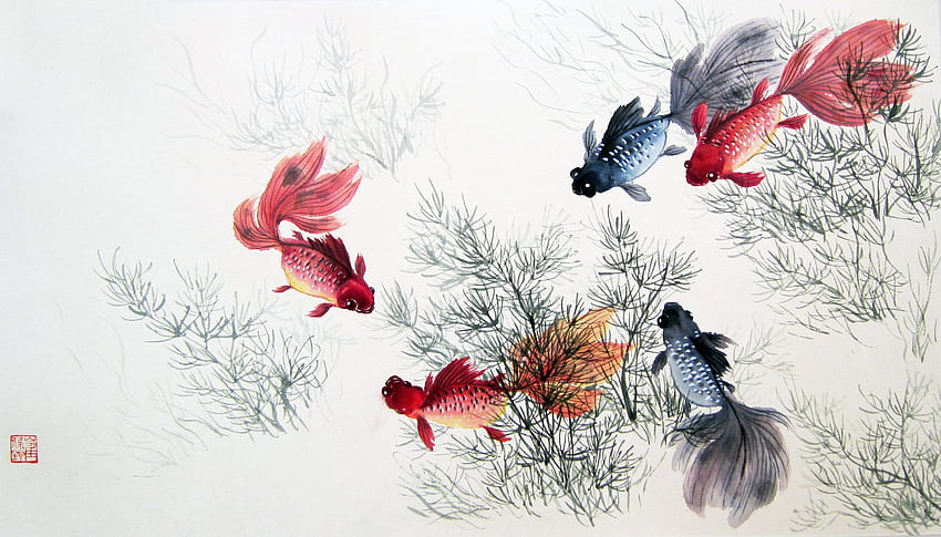 중국어 브러시 페인팅. 중국화, 물고기 , 중국 미술, Sumi E HD 월페이퍼