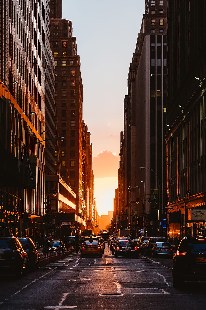 都市, 日没, 車, 都市, 建物、ニューヨーク HD電話の壁紙