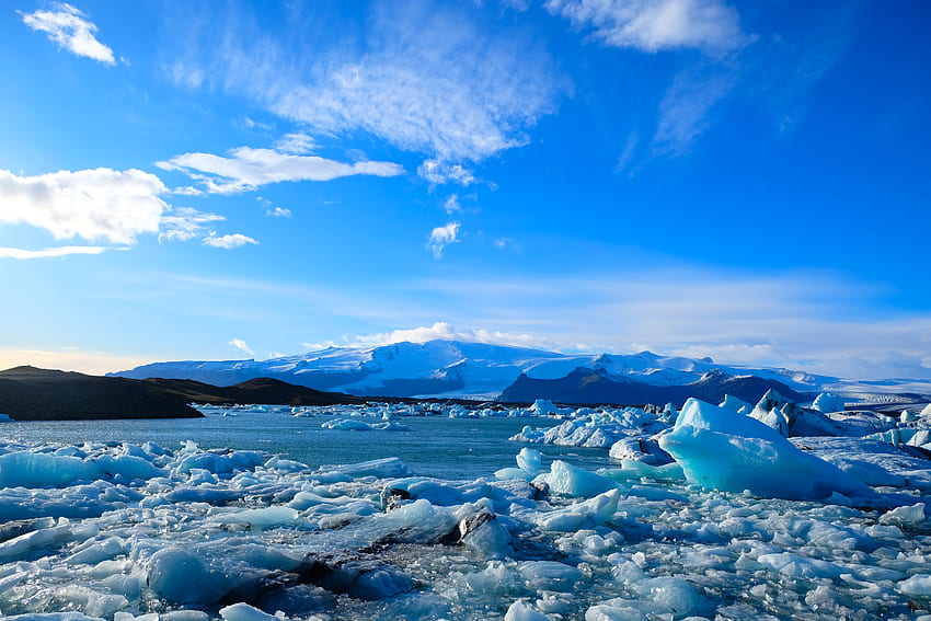 : Исландия, естествен, земя, зима, jokulsarlon, небе, арктически океан, вода, облак, айсберг, морски лед, звънене, сняг, ледена шапка, отражение, полярна ледена шапка, ледников релеф, хоризонт, денем, спокойствие, топене, планина , слънчева светлина, пейзаж на Арктическия океан HD тапет