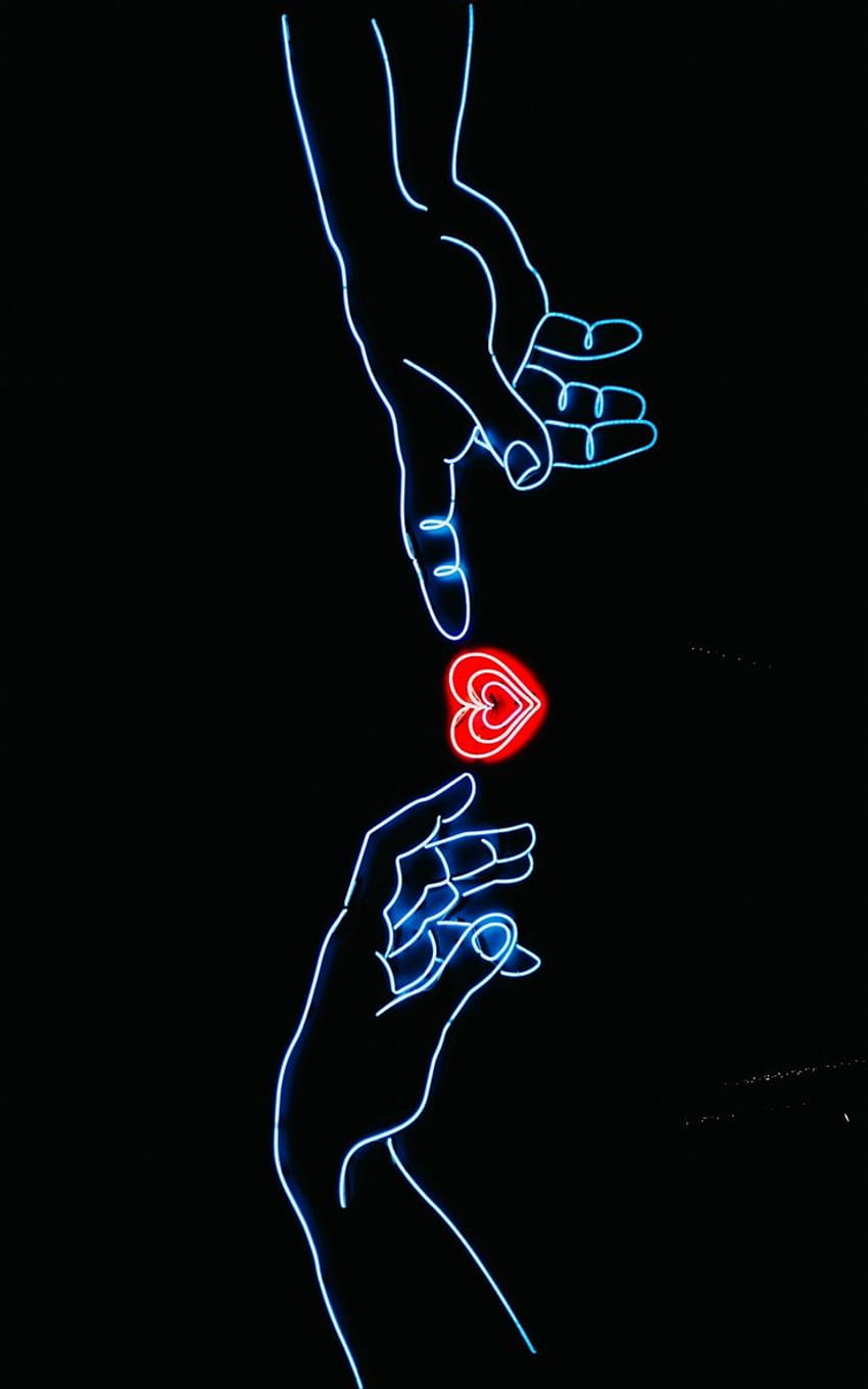 neonowy blask dotyka serca palce ciemne dłonie. Kierowy iphone, ręka, serce Tapeta na telefon HD