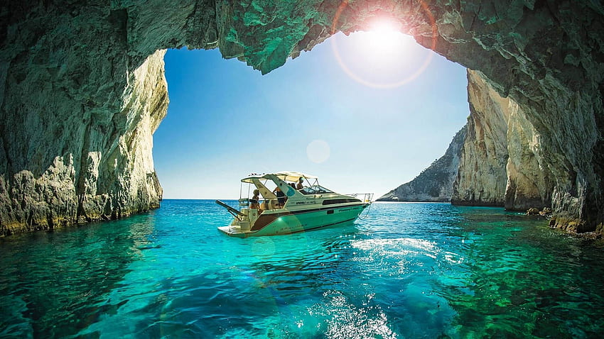 graphy, Nature, Landscape, Yachts, Cave, Sea, Turquoise, Water, Rocks, Erosion, Zakynthos, Greece / and Mobile Background HD wallpaper
