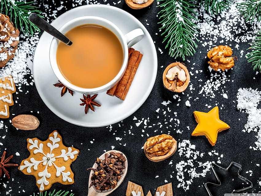 Xícara de café de Natal, fundo ultra de clima de inverno, comida de inverno papel de parede HD