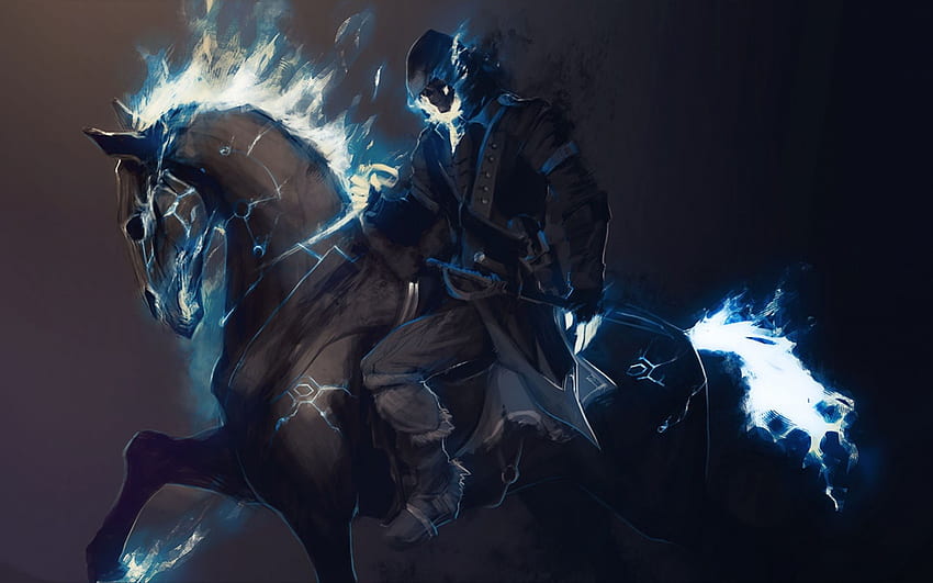 Ghost Rider, blu, nero, fantastico, hors, fuoco blu, teschio, buio, fantasia, cg, bello, fuoco Sfondo HD