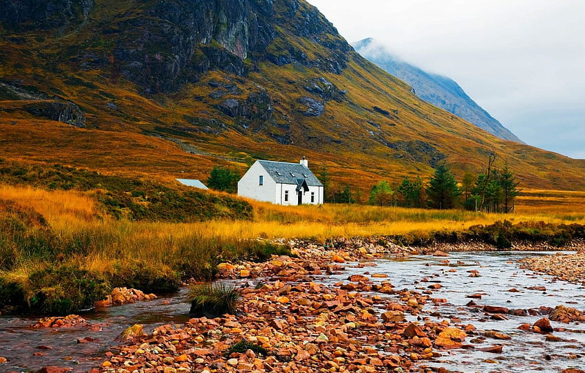 colorful, house, white, grass, river, trees, nature, mountains, lake, landscapes, Scotland, stones, creek, vegetation, isolated, ultra background for , section пейзажи HD wallpaper