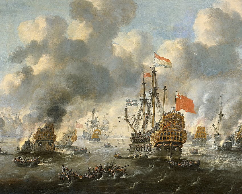 La quema de la flota inglesa frente a Chatham, 20 de junio de 1667, paisaje marino, batalla naval, holandés, siglo XVII fondo de pantalla