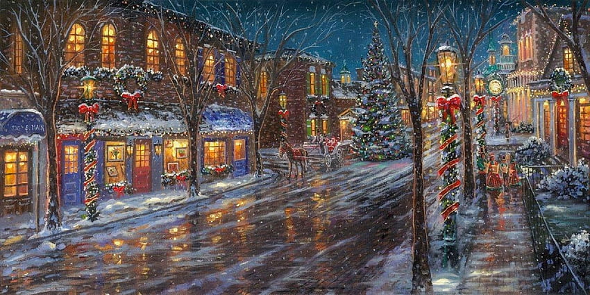 Zionsville Christmas in the Village, holidays, winter, paintings, landscapes, love four seasons, Christmas Tree, Christmas, villages, snow, decorations, xmas and new year, roads, peoples HD wallpaper