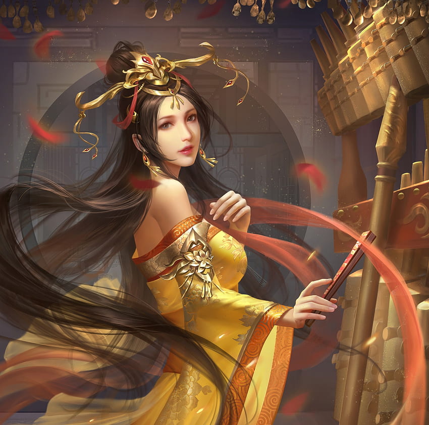 Fantasy girl, frumusete, fantasy, ming yang zhou, art, yellow, red ...