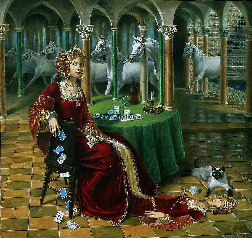Michael Cheval art, table, white, horse, art, surrealist, cat, red dress, painting, michael cheval, green, card, queen HD wallpaper