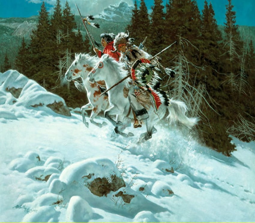 ウィンターホーク、インディアン、ポニー、雪、戦士 高画質の壁紙