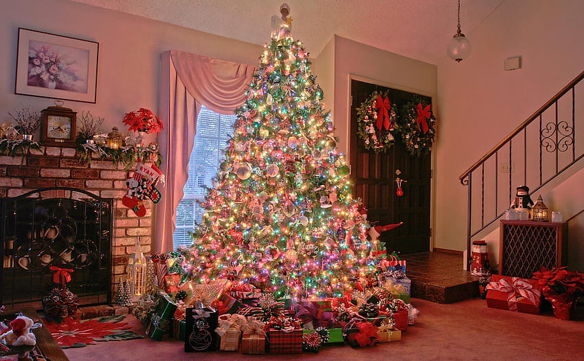 Празници, Коледа, Празник, Къща, Коледна елха, Камина, Подаръци, Подаръци HD тапет