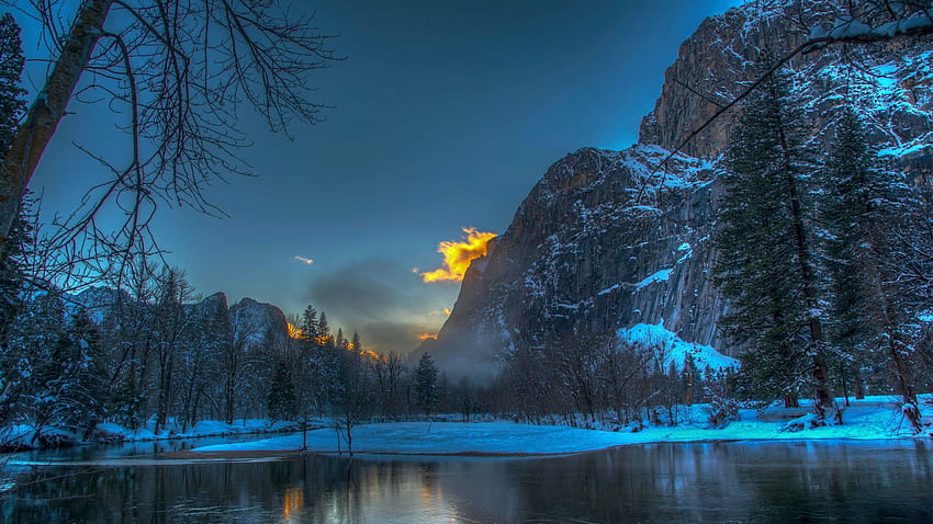 Национален парк Йосемити, Калифорния, зима, сняг, облаци, дървета, небе, планини, САЩ, изгрев, пейзаж HD тапет