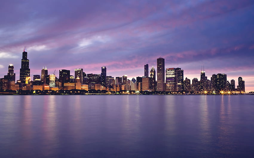 Architecture Chicago Lights Buildings Skyscrapers Lake Sunset A HD wallpaper