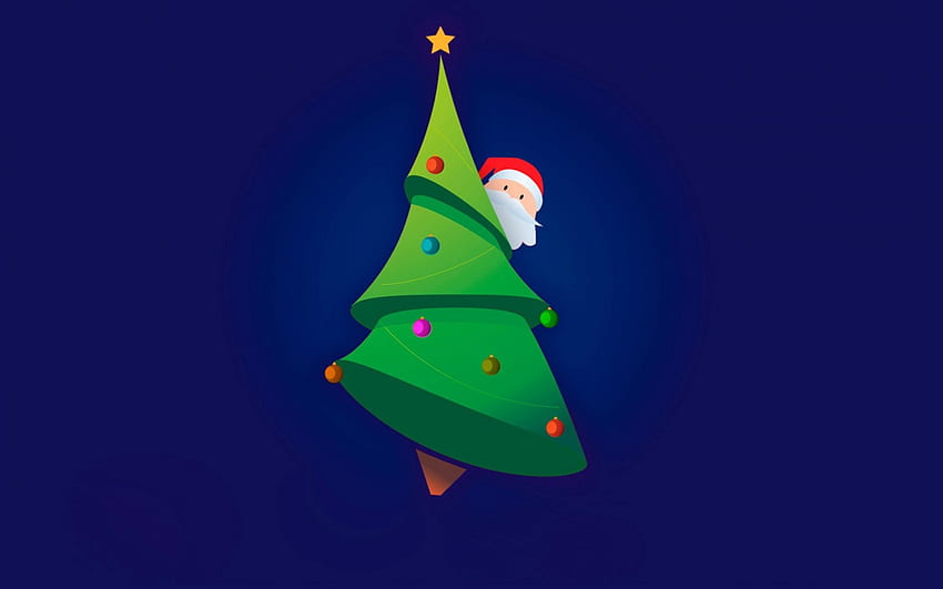 Merry Christmas!, blue, white, santa claus, tree, green, christmas, red, funny, hiding HD wallpaper