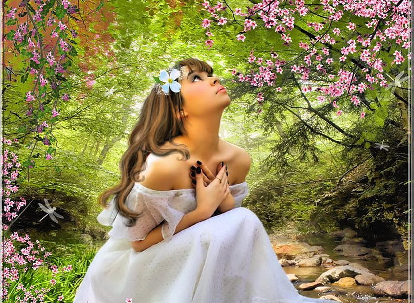 A smell of Spring, painting, blossoms, garden, nature, girl, tree HD wallpaper