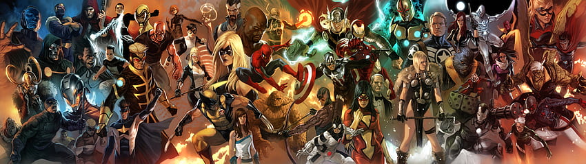Thor, Wolverine, Marvel Comics, Iron Man, двойни монитори, Captain America, Spider Man, множество дисплеи, комикси, пазаруване, Dr Doom, War Machine, Thing, ART, цвят, тълпа, търговия на дребно, базар, модерно изкуство, Dual Spiderman HD тапет