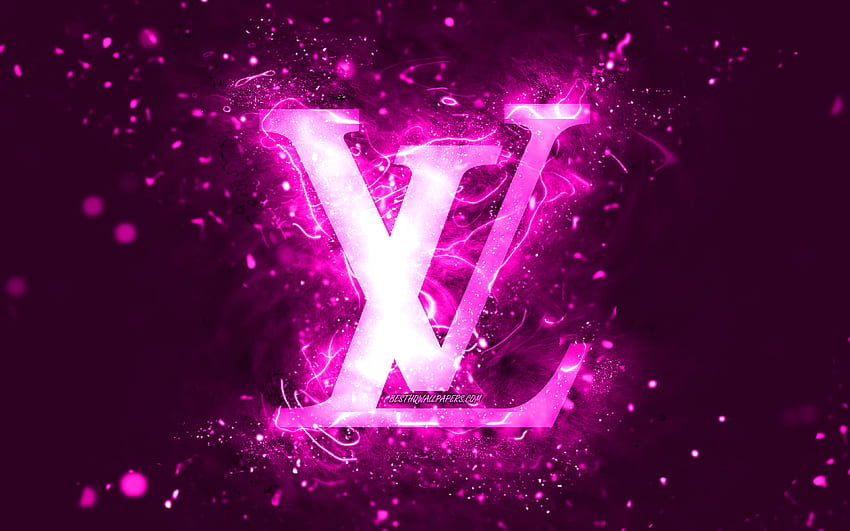 Лилаво лого на Louis Vuitton, лилави неонови светлини, творчески, лилав абстрактен фон, лого на Louis Vuitton, модни марки, Louis Vuitton HD тапет