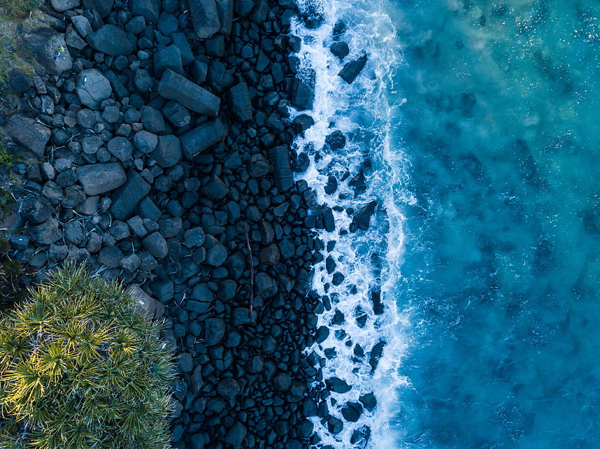 naturaleza, piedras, vista desde arriba, orilla, banco, océano, oleaje fondo de pantalla