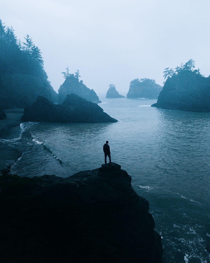 Alone, Sea, Rocks, , , Fog, Human, Person, Loneliness, Lonely HD phone wallpaper