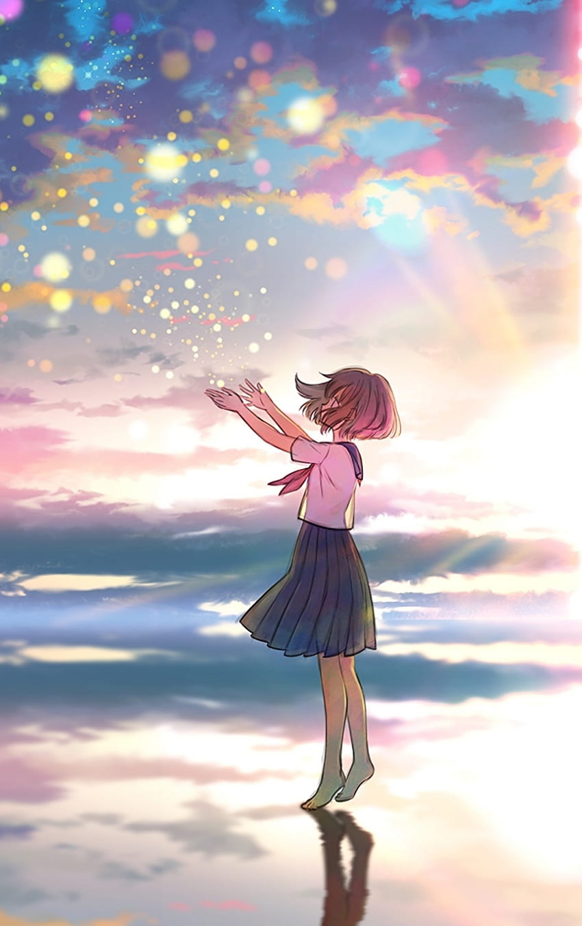 na wolnym powietrzu, kolorowy, niebo, zachód słońca, oryginalny, dziewczyna anime, iphone 5, iphone 5s, iphone 5c, ipod touch, , tło, 7757, Anime Girl Sky Tapeta na telefon HD