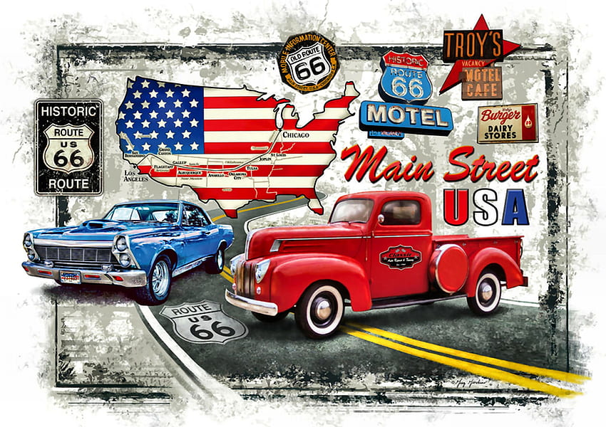 Ruta 66 Collage F, Ruta 66, arte, autos, hermoso, automóvil, ilustración, obras de arte, ancha, pintura, auto fondo de pantalla