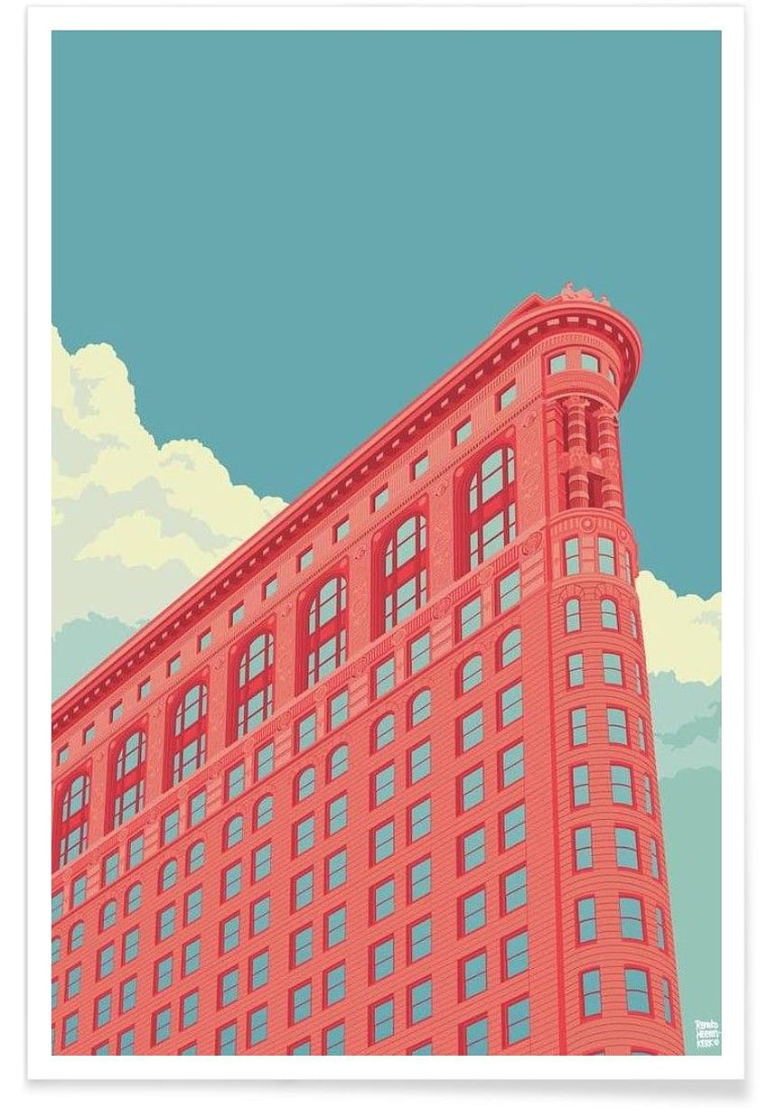 Плакат на сградата Flatiron в Ню Йорк. Илюстрация на Ню Йорк, илюстрация на града, илюстрация на сграда HD тапет за телефон