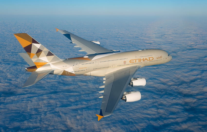 Clouds, A380, Airbus, Etihad Airways, Wing, Airbus A380, A Passenger Plane, Airbus A380 800 For , Section авиация HD wallpaper