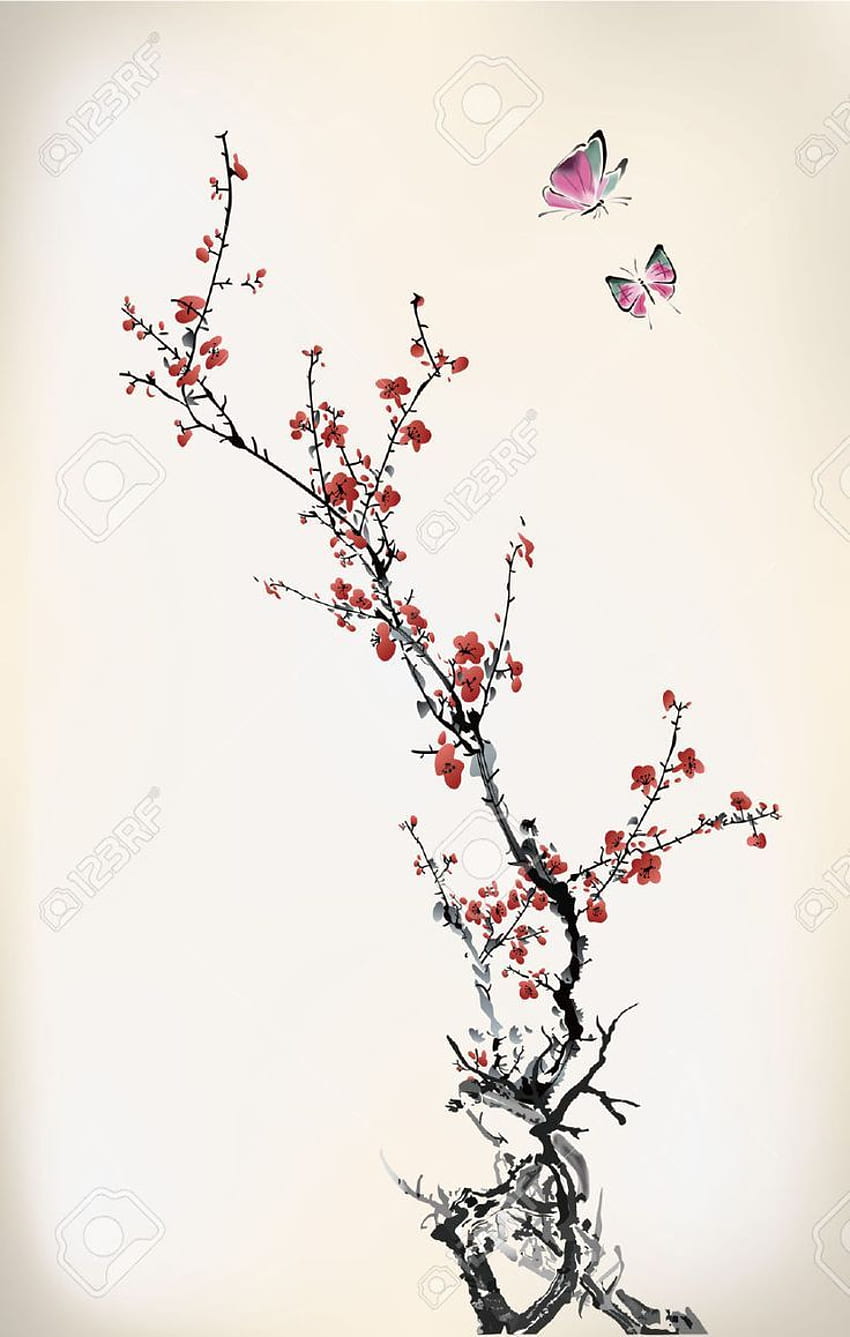 Dibujo de tinta de flor de cerezo japonés, pintura de tinta japonesa fondo de pantalla del teléfono
