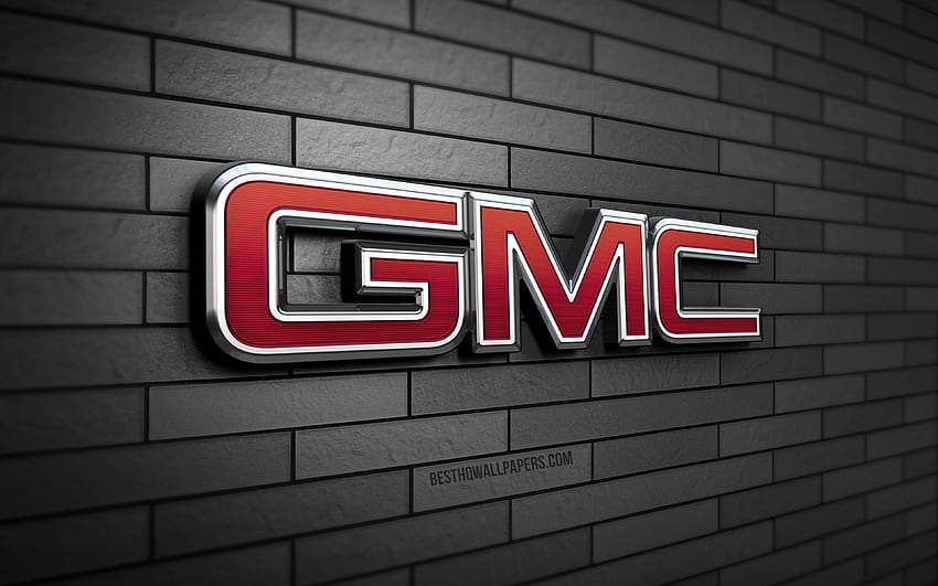 โลโก้ GMC 3D, ผนังอิฐสีเทา, ความคิดสร้างสรรค์, แบรนด์รถยนต์, โลโก้ GMC, โลโก้โลหะ GMC, ศิลปะ 3 มิติ, GMC วอลล์เปเปอร์ HD