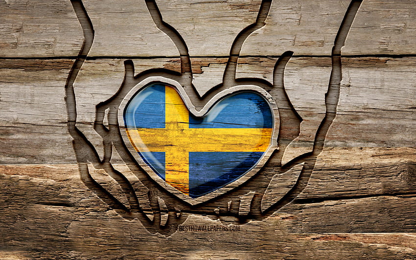 Kocham Szwecję, drewniane rzeźbione ręce, Dzień Szwecji, Flaga Szwecji, kreatywny, Flaga Szwecji, Flaga Szwecji, Flaga Szwecji w ręku, Uważaj Szwecja, Rzeźba w drewnie, Europa, Szwecja Tapeta HD