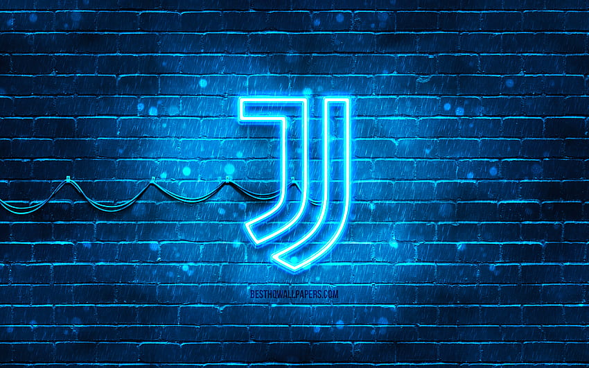 Logo biru Juventus FC, , brickwall biru, logo Juventus FC, merek, Juve, logo neon Juventus FC, Juventus FC, logo Juventus Wallpaper HD