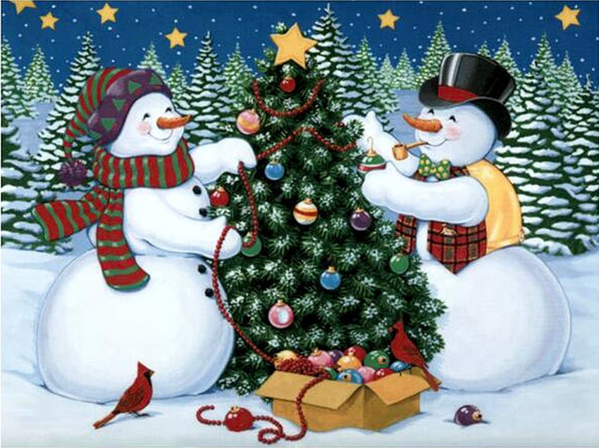 Decoration for Christmas, artwork, bulbs, painting, snow, Snowmen, funny, tree HD wallpaper