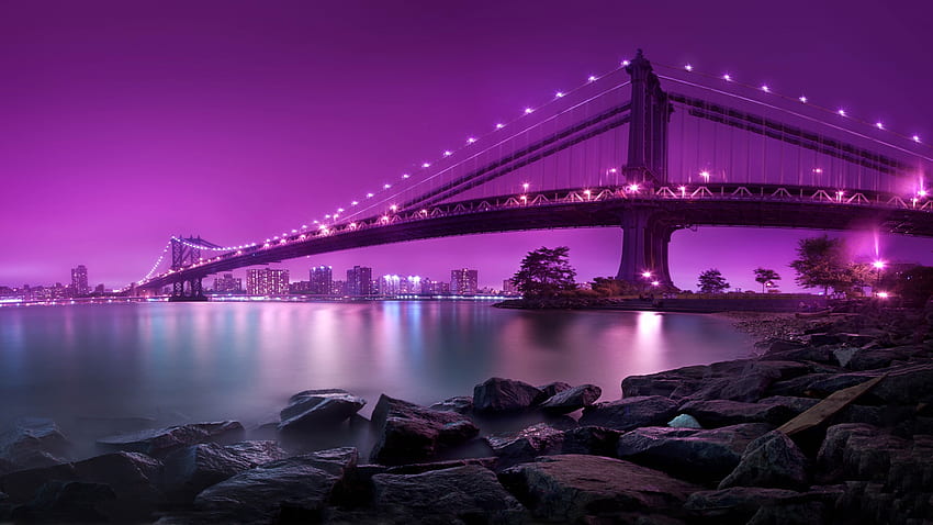 맨하탄 다리, 뉴욕시, 미국, 자주색 하늘, 세계, 유명한 다리 HD 월페이퍼