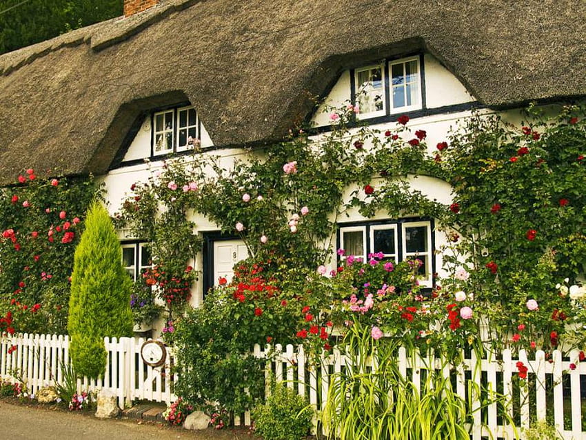 Wunderschöne englische Countryside Fairytale Cottages mit englischem Märchenbuch-Cottage-Garten HD-Hintergrundbild