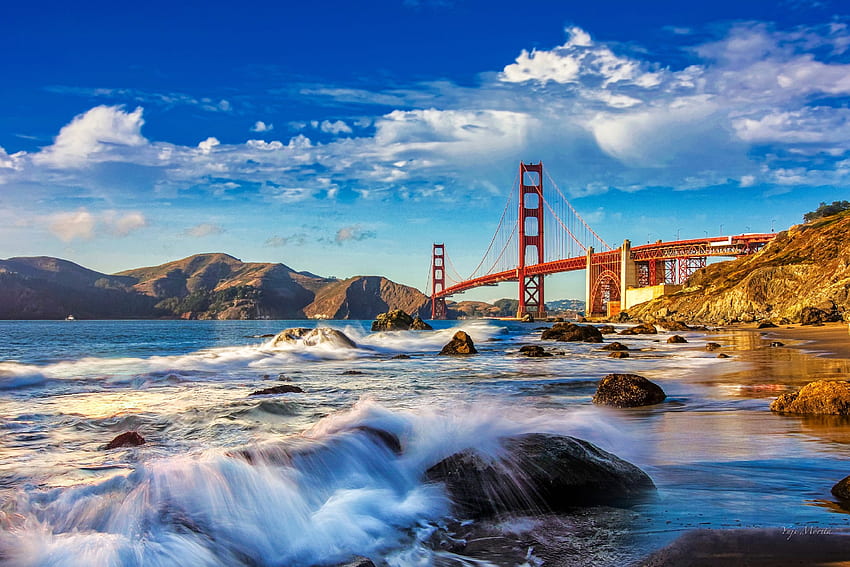 Golden Gate Bridge, San Francisco, california, bridge, bay, clouds, surf HD wallpaper