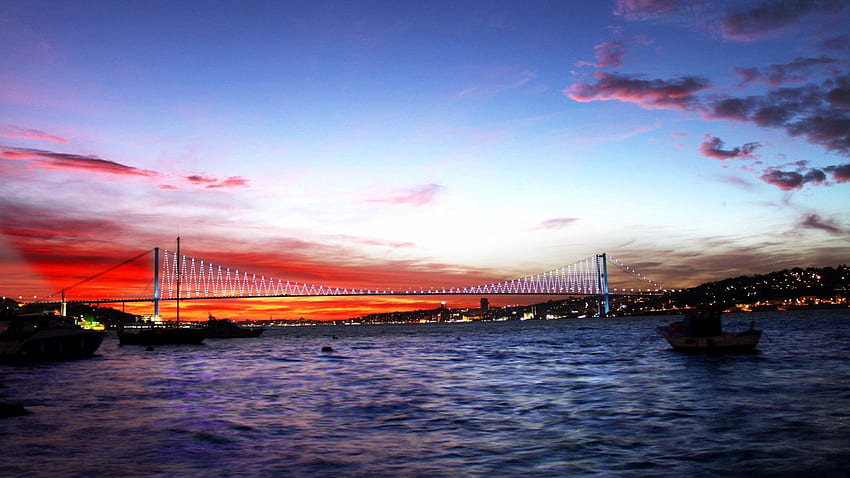 도시의 불빛, 도시, 바다, 밤, 다리, 터키 HD 월페이퍼