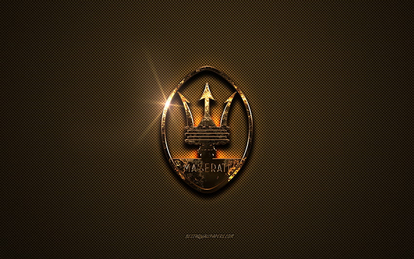 Złote logo Maserati, grafika, brązowe metalowe tło, emblemat Maserati, logo Maserati, marki, Maserati Tapeta HD