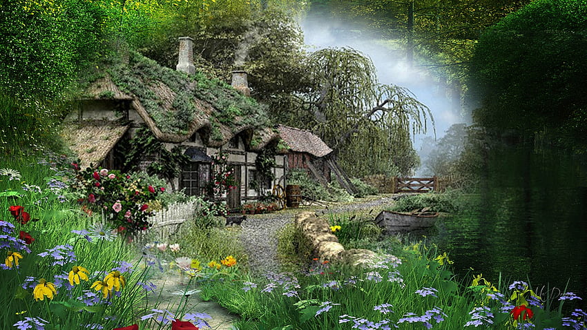 Summer Cottage Collage, jardim, colagem, lago, cabine, Firefox theme, verão, pintura, flores, chalé, lagoa papel de parede HD