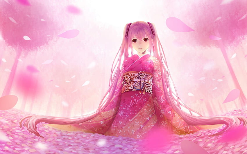 Art Bou Nin vocaloid sakura miku hatsune miku girl cherry pink kimono petals ., Sakura Hatsune Miku HD wallpaper