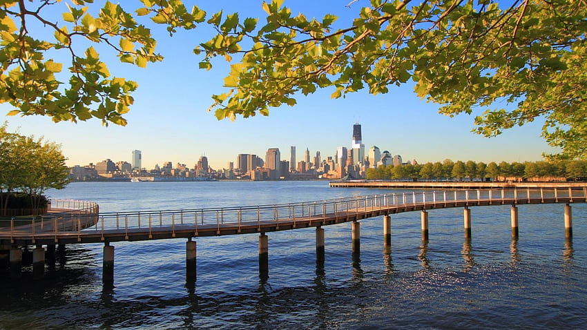 pasarela del río hudson con vistas a nueva york, río, ciudad, pasarela, árbol fondo de pantalla