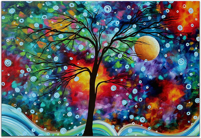 Изкуство с причудливо дърво „Момент във времето“ – в. Metal Giclée – цветен абстрактен пейзаж, многоцветни фантастични дървета, съвременни произведения на изкуството в цветовете на дъгата, модерна живопис от Меган Дънкансън: Плакати и щампи HD тапет