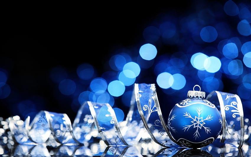 Ornements de blues, bleu, rubans, Noël, ornements Fond d'écran HD