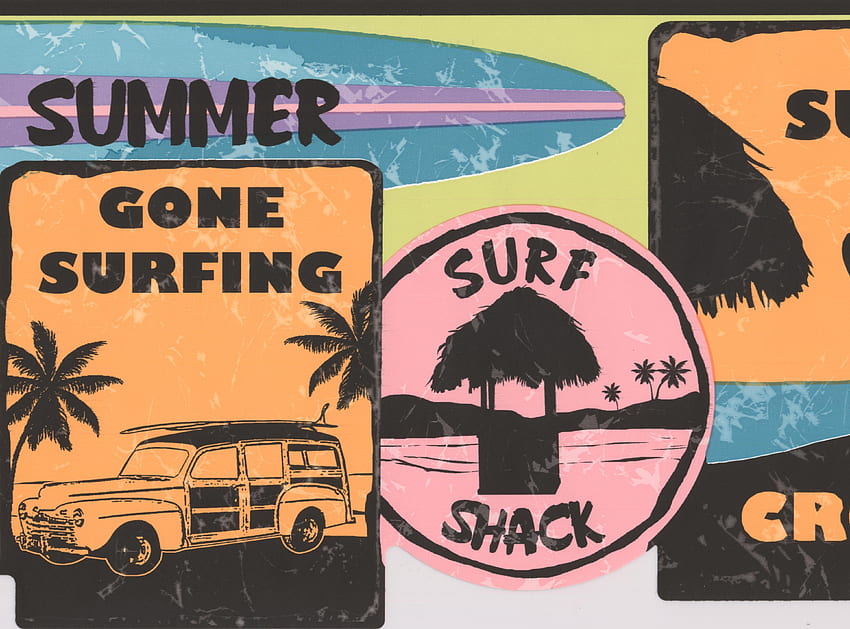 Obramowanie - retro znaki surfingowe Vintage obramowanie ścienne dla nastolatka surfera, rolka 15 stóp x 9 cali, estetyczne surfowanie Tapeta HD