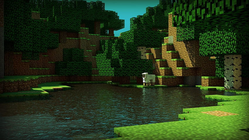 Agua árboles ovejas Minecraft skyscapes cine 4d terreno tapeta, Minecraft Classic fondo de pantalla