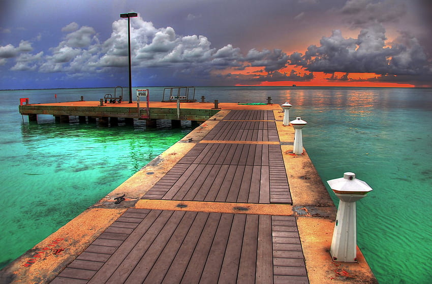 dock at sunset, blue, green, clouds, sky, dock, sunset, ocean HD wallpaper