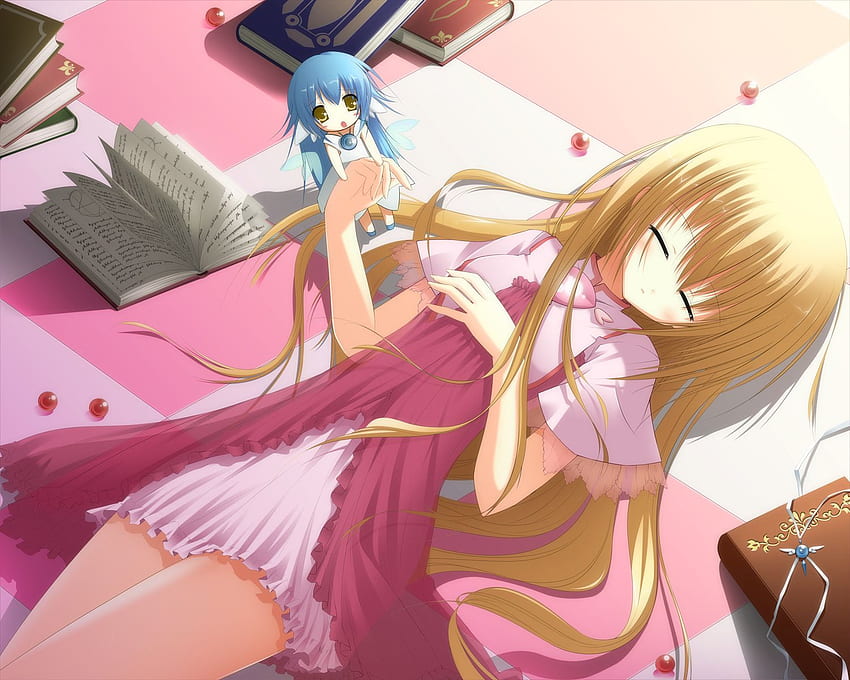 blonde hair blue hair book dress liong long hair original sleeping, Sleeping Anime HD wallpaper
