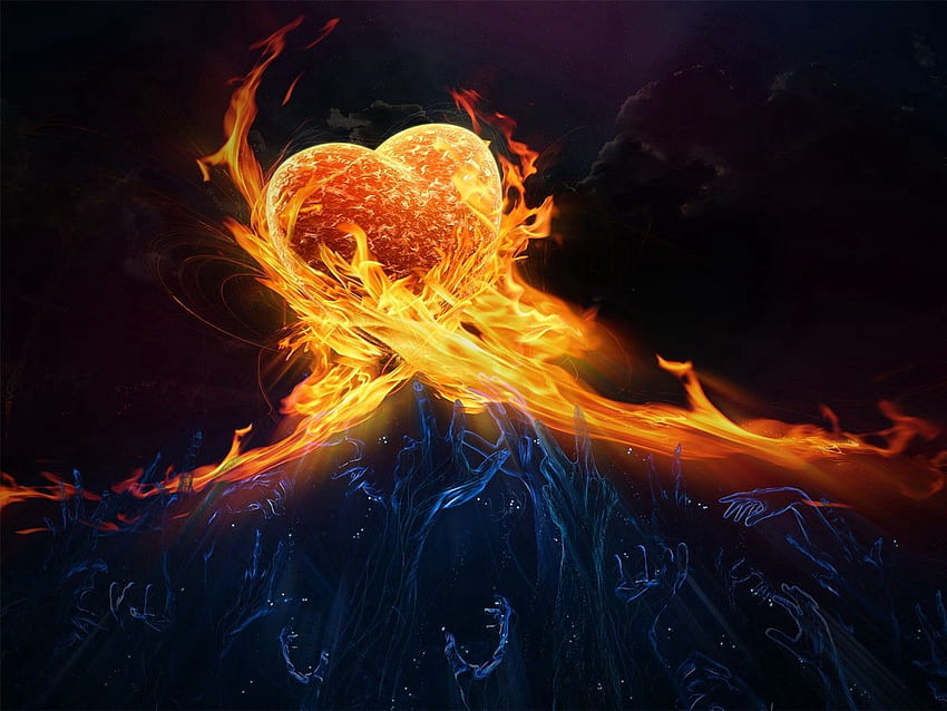 heart, blue, orange, fire, flame standard 4:3 background HD wallpaper