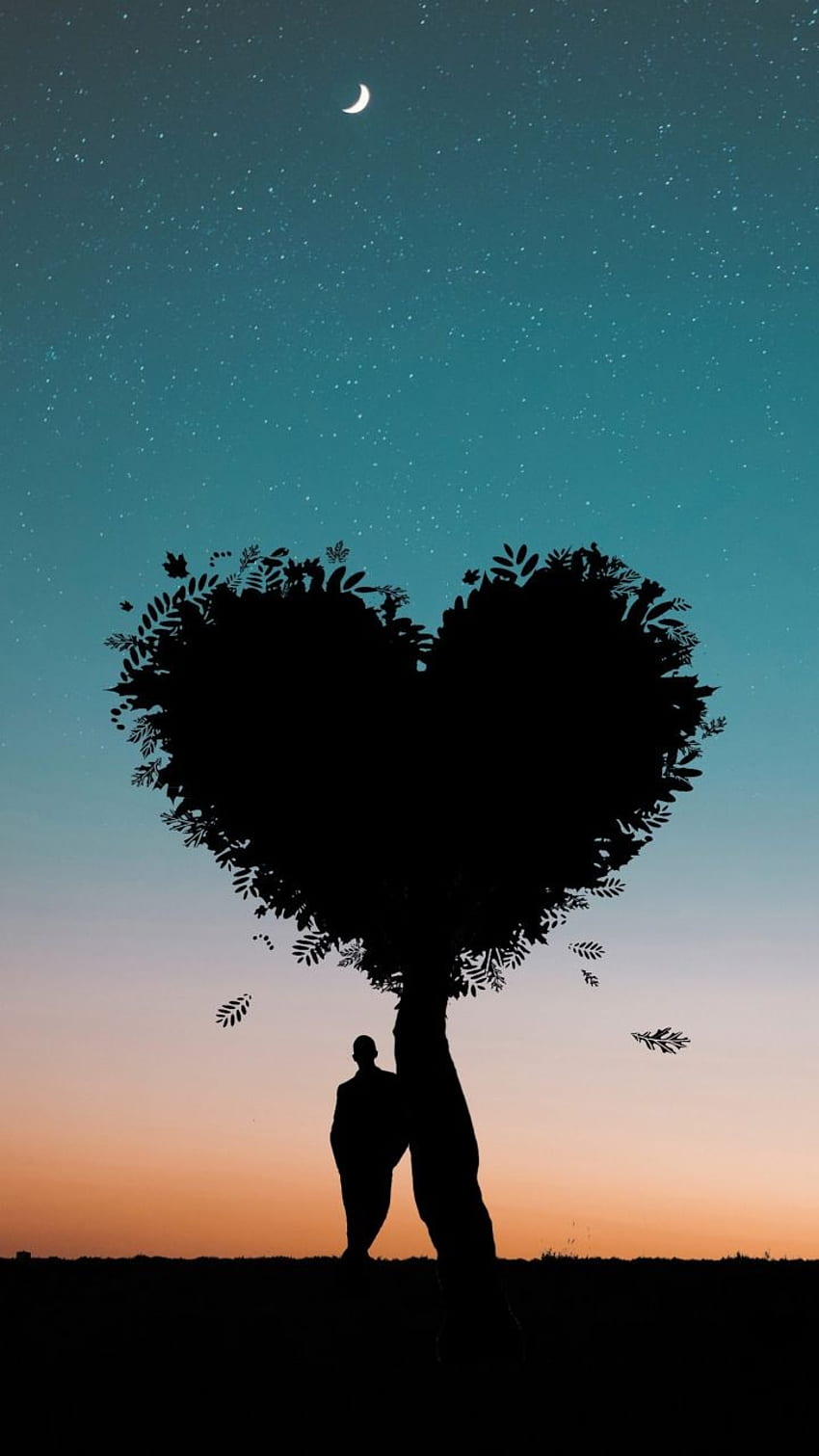Silhouette, heart shape, tree, person, gradient, . Love , Love , Sunset, Couple Silhouette HD phone wallpaper