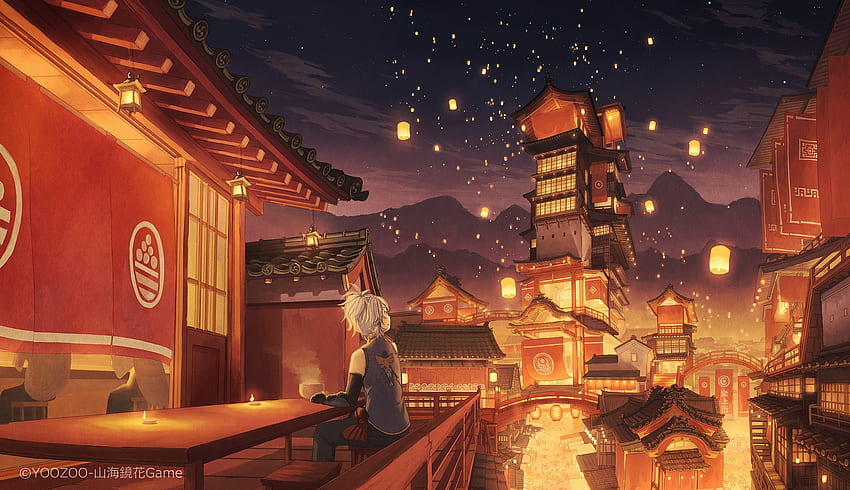Anime-Festival, Laternen, traditionelle Gebäude, szenisch, Junge HD-Hintergrundbild