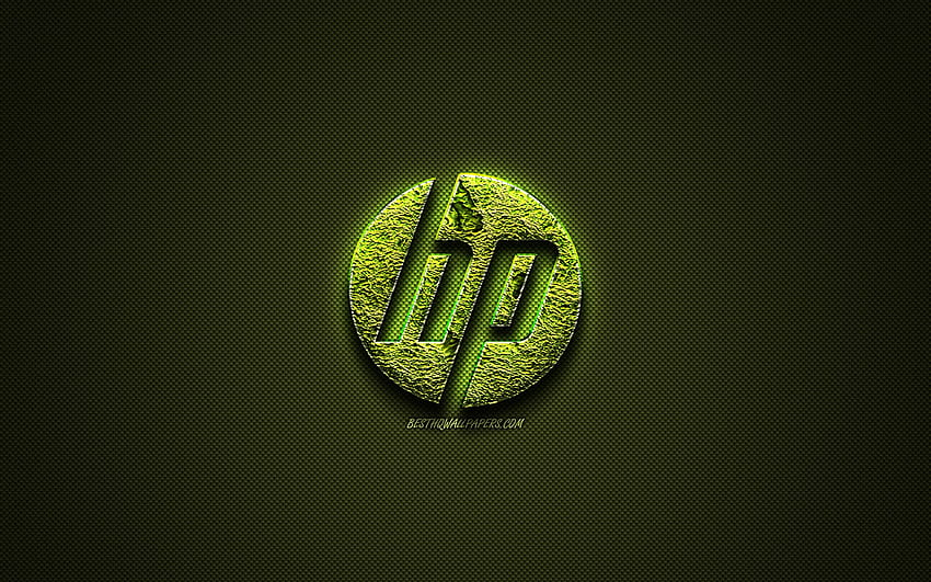 Logo HP, Hewlett Packard, zielone logo kreatywne, logo kwiatowe, godło HP, tekstura zielonego włókna węglowego, HP, sztuka kreatywna z rozdzielczością. Wysoka jakość, zielone logo HP Tapeta HD
