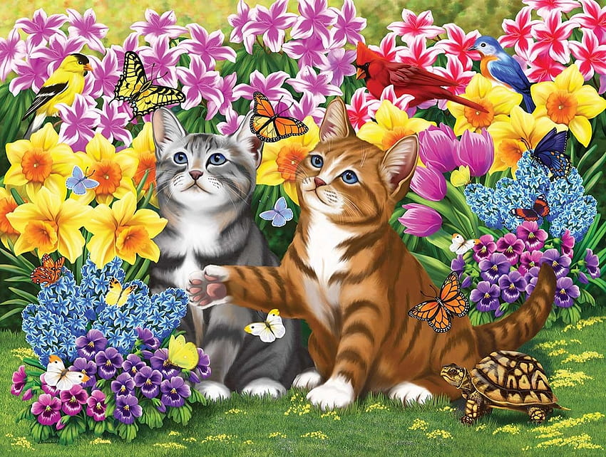 Cats, pisici, painting, butterfly, pictura, flower, garden, cat, colorful, daffodils, spring HD wallpaper